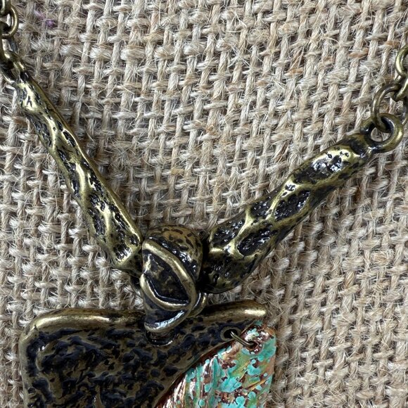 Green & Bronze Pendant Necklace Textured Metal Design on Chain 18 Inches Long - Picture 12 of 16